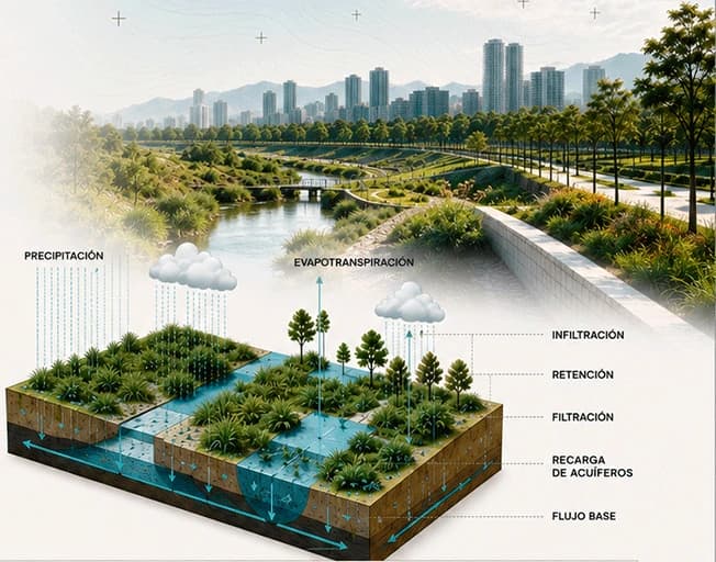 Paisaje urbano con infraestructura verde y corte del suelo que ilustra la infiltración, retención y recarga de acuíferos.
